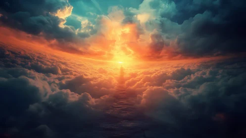 Sunset horizon bursting through sculpted storm clouds.