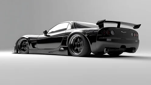 Glossy black widebody sports car render with rear spoiler.