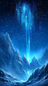 Frozen mountain valley glows beneath falling starlight.