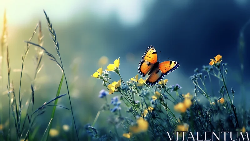 Macro telephoto capture of orange butterfly on meadow flowers