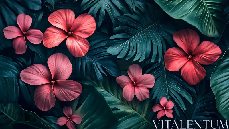 Coral Blooms Dancing Among Lush Tropical Leaves.