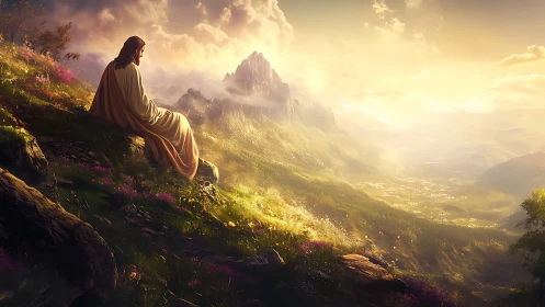 Figure in robes viewing sunlit mountain valley landscape.