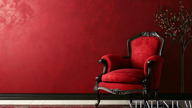 Crimson velvet armchair in ornate black frame interior.