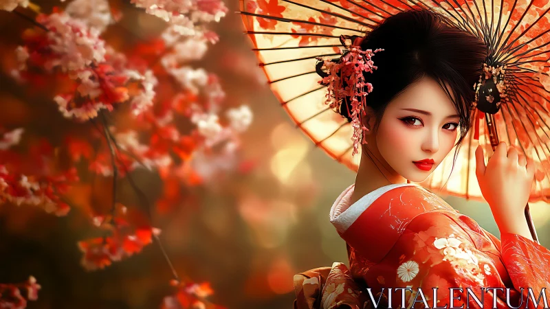 Geisha portrait in kimono under parasol with autumn bokeh lighting