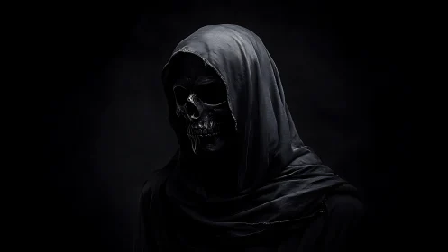 Hooded skeletal reaper emerges from shadowy black void