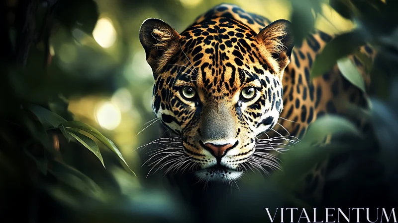 Jaguar moves forward through dense foliage in soft focus