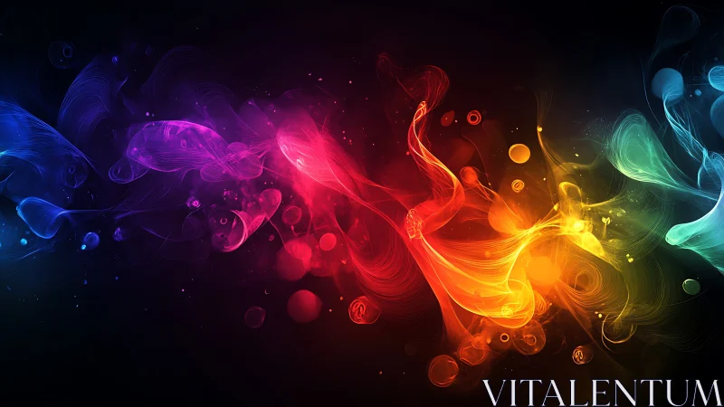 Multicolor luminous fluid forms on dark digital background.