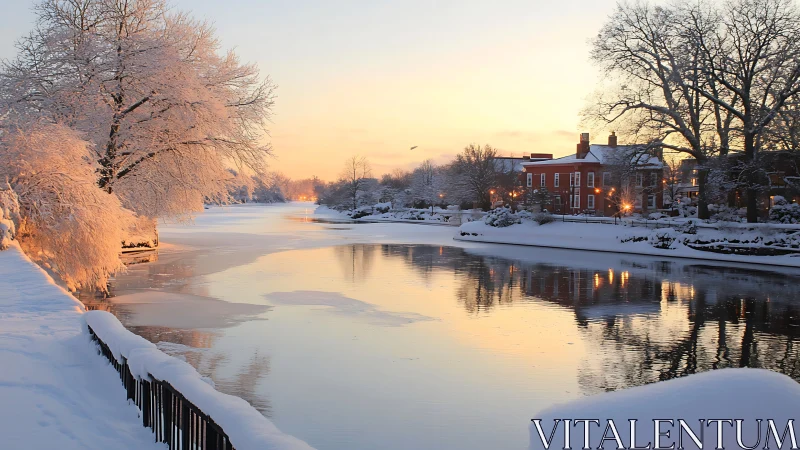 Snow-laden riverside landscape under warm dusk illumination and partial ice