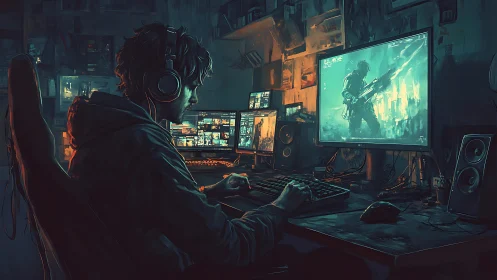 Night workspace with gamer at multi-monitor desktop setup.