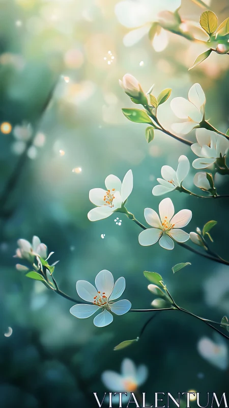 White flowering branches with soft-focus bokeh background and diffused light