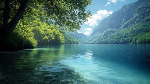 Gentle mountain lake haven under soft summer light.
