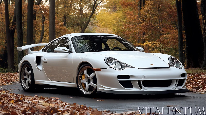 White sports coupe on forest road in warm autumn foliage.