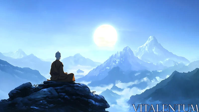 Solitary monk stitches quiet sunlight across blue peaks