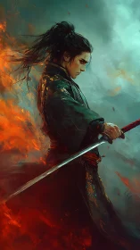 Solitary samurai with drawn sword amid fire and smoke.