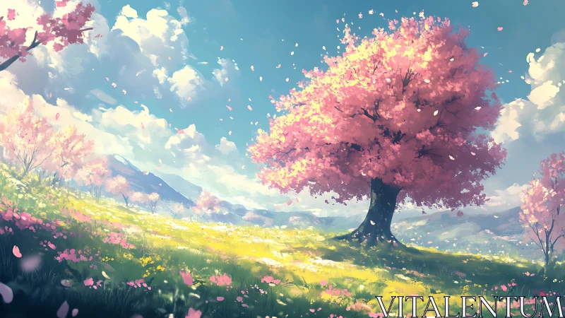 Blossom crowned meadow hums quietly beneath drifting petals