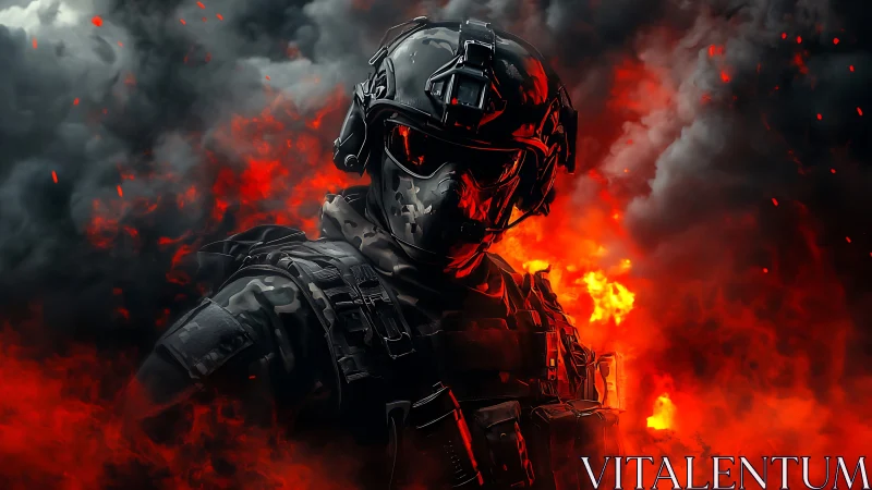 Armored tactical soldier in flames and dense black smoke.