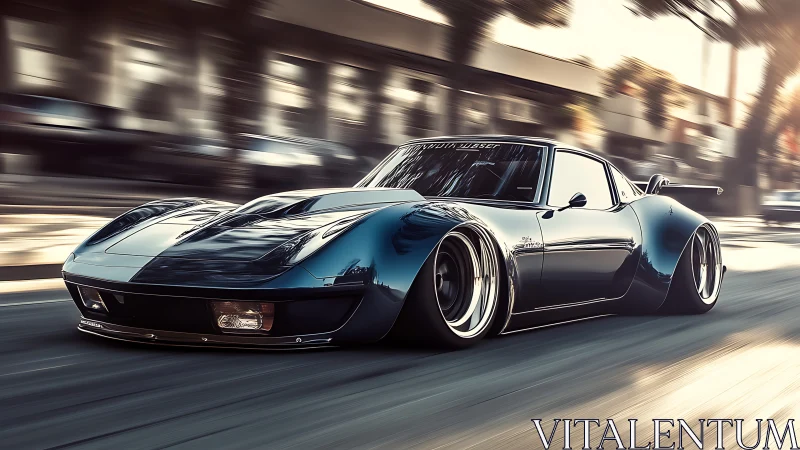 Low-slung modified sports coupe driving on city street.