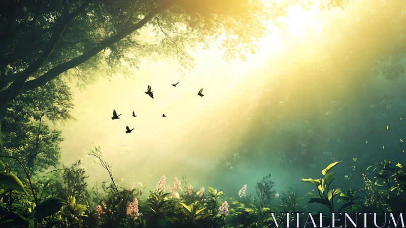 Volumetric sunrise rays penetrating dense floral forest canopy.