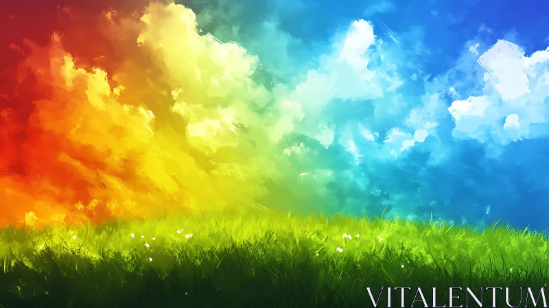 Vibrant rainbow sky over luminous digital grassland field.