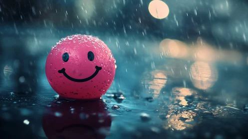 Smiling neon raindrop soul basking in a stormy blue puddle.