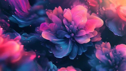 Digital flowers rendered with neon pink and blue luminescence