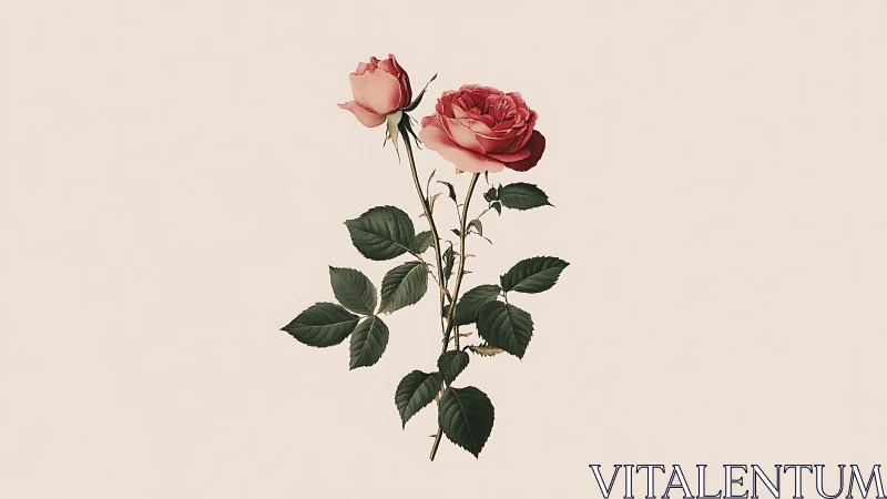 Botanical Rose Illustration with Pink Blooms.