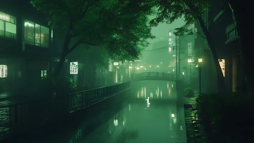 Misty green canal at night in quiet urban district.