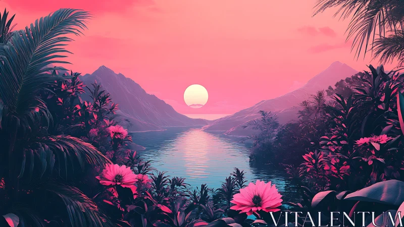 Tropical bay sunset with mountains and dense foreground flora.