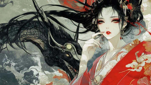 Enigmatic geisha stands beside swirling dragon spirit guardian.