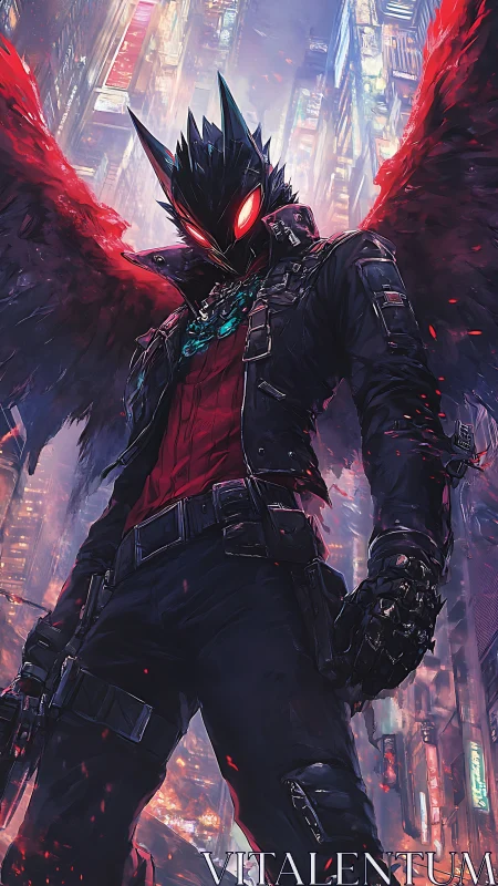 Winged masked figure in red and black over neon cityscape.