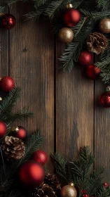 Festive red baubles and pine garlands on rustic wood backdrop.