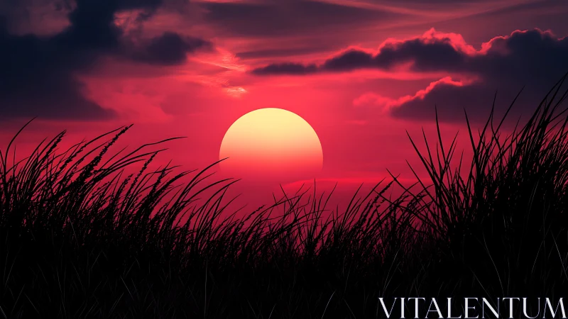Backlit grass silhouettes frame high-contrast crimson sunset sphere