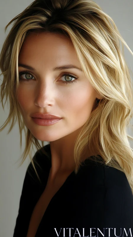 Blonde woman portrait with soft light and neutral background.