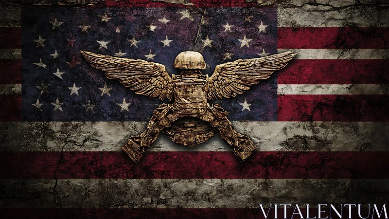 Winged soldier emblem over weathered American flag wall.