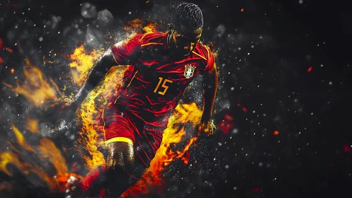 Dynamic fiery footballer in motion, high-impact digital painting.