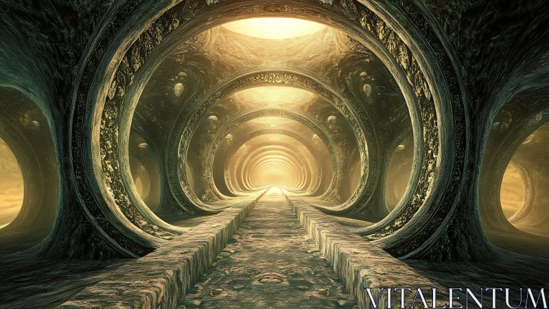 Circular stone tunnel shows receding arches under diffuse light