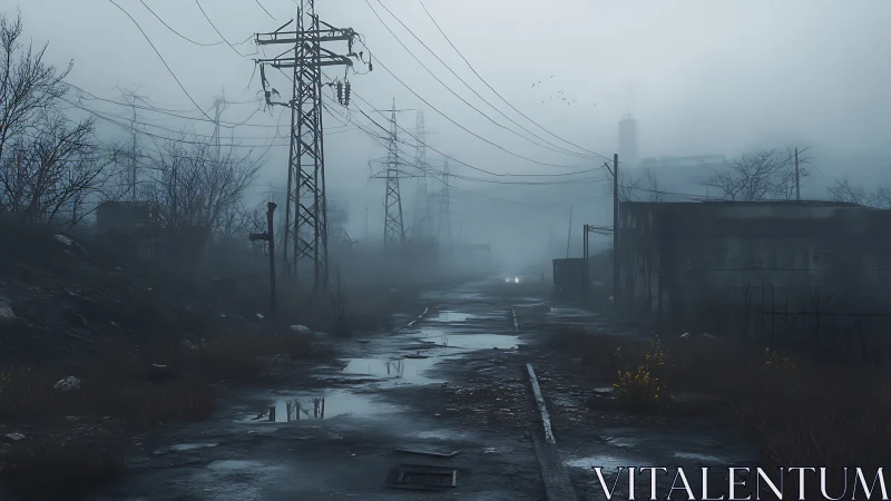 Foggy abandoned road with power lines and wet puddles.