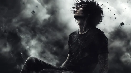 Stormlit portrait isolates tattooed figure in cinematic grayscale