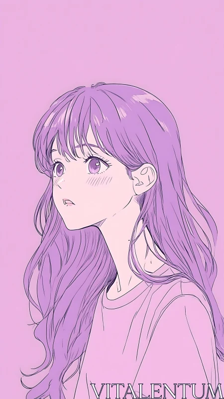 Monochrome lilac anime profile portrait with flowing hair