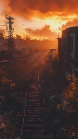 Rusted rail line under incendiary post-apocalyptic sunset.