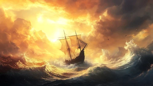 Storm-tossed galleon cuts through blazing sunset waves