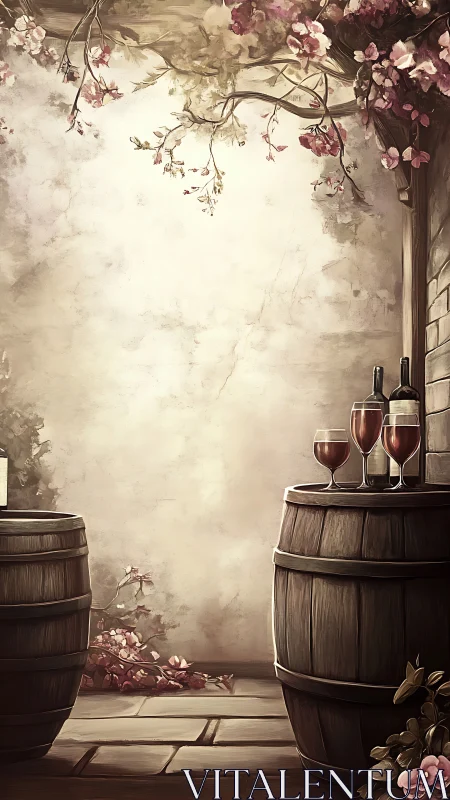 Wine barrels stand beneath blossoms in a rustic courtyard
