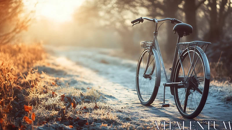 Vintage bicycle resting on rural path at golden sunrise.