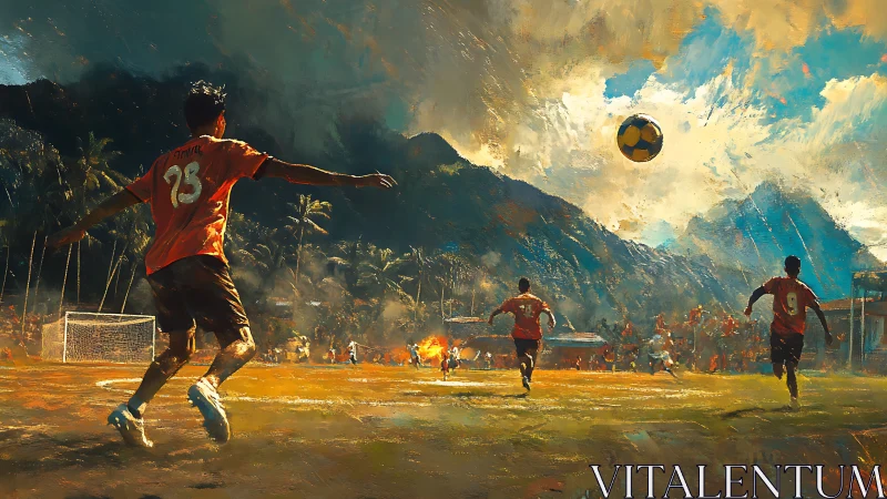 Expressive digital painting of village football under storm sky.