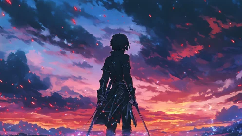Swordsman silhouette against dramatic twilight sky.