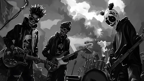 Storm-lit skeleton rock band brings playful spooky energy.