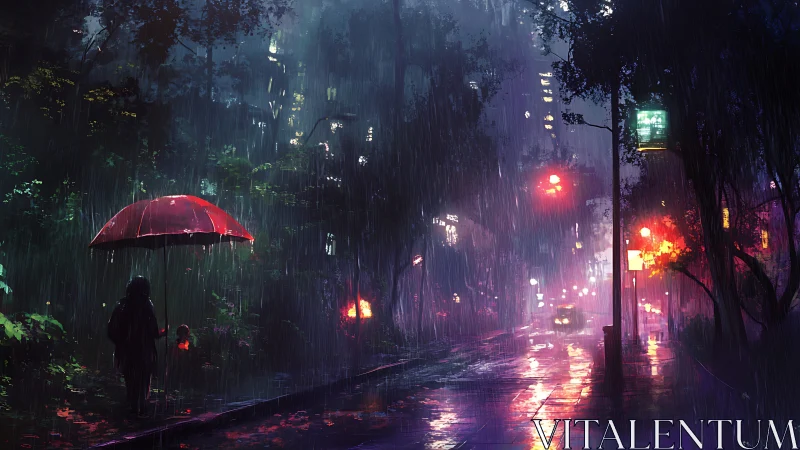 Moody city street glows softly under rain and red umbrella