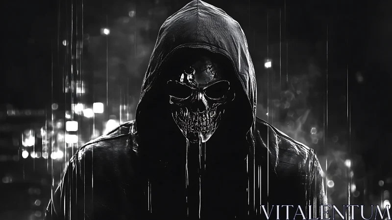 Monochrome hooded skull specter in cinematic cyberpunk lighting.