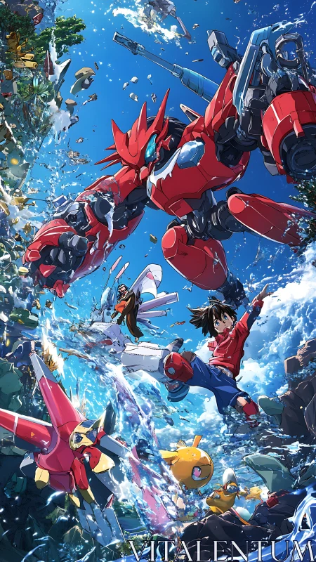 Dynamic anime mecha battle with aerial perspective composition.