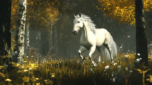 White horse galloping through a golden autumn forest dream.
